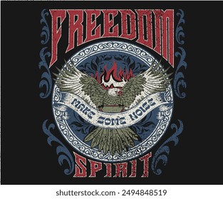 Freedom spirit. Make some noise. music world tour logo. Rock and roll graphic print design for apparel, stickers, posters and background. Eagle fly vector artwork design for t-shirt and others.