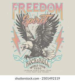 Obra de arte de música Freedom Spirit Rock and Roll. Diseño de camiseta de Vector vintage de águila. Diseño de camiseta de Vector de ala de águila. Gira de música por la libertad. Obra de arte vintage de espíritu libre. Vintage de espíritu libre