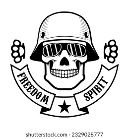 Freedom spirit. Skull with moustache in motorcycle helmet. T-shirt print template. Design element in vector.