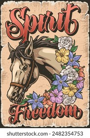 Póster vintage de Freedom spirit colorido con cabeza de caballo salvaje y flores exóticas para la Ilustración vectorial de diseño de interiores rancho