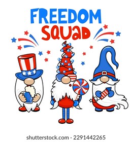 Freedom Squad - Cute gnomes in 4th of July costume. Set of funny scandinavian elves with firework, balloons and flag. Happy 4th of july. Vector illustration in cartoon style.