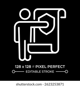 Freedom from state and personal interference in rights pixel perfect white line icon in negative space. Documented human safety. Monochrome linear symbol on black background. Editable stroke