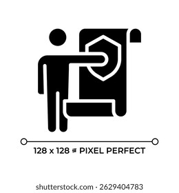Freedom from state and personal interference in rights pixel perfect glyph solid icon. Documented human safety. Legislation. Black silhouette symbol on negative space. Vector isolated illustration