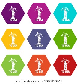 Freedom statue icons 9 set coloful isolated on white for web