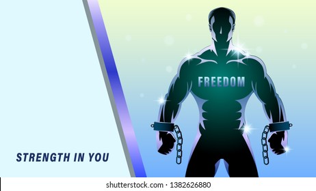 Freedom struggle banner. muscular man with broken shackles. Clenched fist. Barbed wire on a blue background. Horizontal Vector illustration.