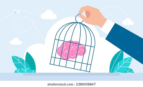 Freedom from templates. Brain locked in cage. Hand lifts cage from person's brain. Opening creative mind. The liberation and freedom of the mind. Concept of unlock potential. Flat vector illustration