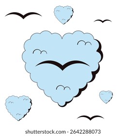 Freedom theme. Vector illustration of clouds in shaped of Heart with birds silhouette isolated transparent background. Simple art for nursery poster wall decor and t-shirt print. EPS 10