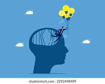Freedom to think and learn new things. Businessman escapes from brain prison with light bulb balloon