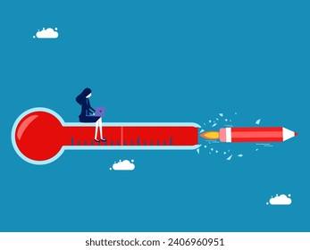 Freedom to think. woman is working with a broken thermometer, a pencil rocket crashes into the thermometer