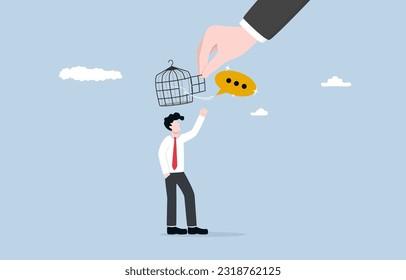 Freedom of thought from boss, giving more opportunity to express opinion, encouragement and support in workplace concept, Boss hand opening cage over businessman head to release thought bubble.