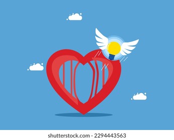 Libertad de pensamiento y descubrimiento de ideas. una bombilla de luz salió volando del corazón