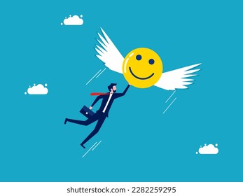 Freedom of thought and happy work. Businessman flying with positive thoughts. business and investment concept 