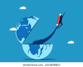 Freedom of thought and out of the box. man flying with a pencil from the earth