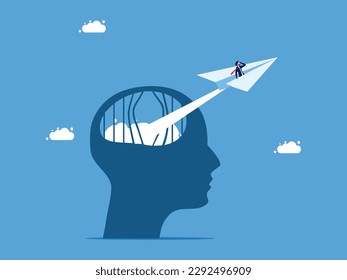 Freedom of thought and unlocking leadership. Businessman escapes from brain prison in paper plane vector