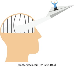 Freedom of thought and unlocking leadership. Businessman escapes from brain prison in paper plane vector


