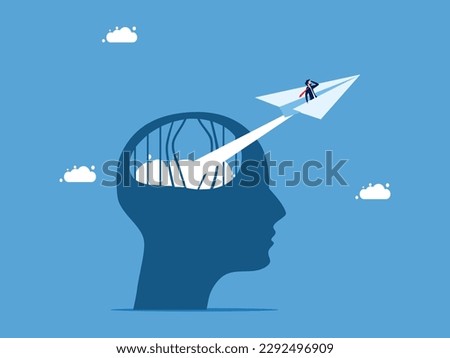 Freedom of thought and unlocking leadership. Businessman escapes from brain prison in paper plane vector