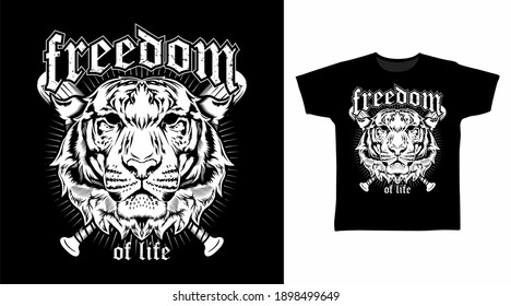 Freedom tiger head with wood bats vector illustration t-shirt design