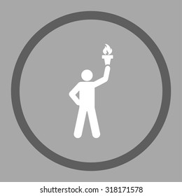 Freedom torch vector icon. This rounded flat symbol is drawn with dark gray and white colors on a silver background.