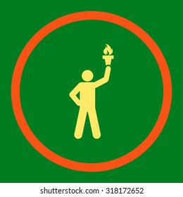 Freedom torch vector icon. This rounded flat symbol is drawn with orange and yellow colors on a green background.