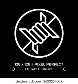 Liberdade de tortura e tratamento degradante pixel perfeito ícone de linha branca no espaço negativo. Direitos humanos. Protegendo prisioneiros. Símbolo linear monocromático sobre fundo preto. Traçado editável