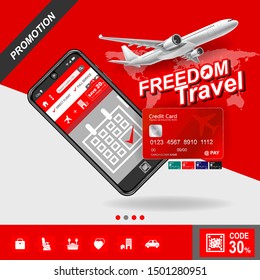 Freedom Travel Holidays Vector By using a mobile phone or website to book plane tickets Online Banner Promotion Concept