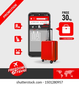 Freedom Travel Holidays Vector By using a mobile phone or website to book plane tickets Online Banner Promotion Concept
