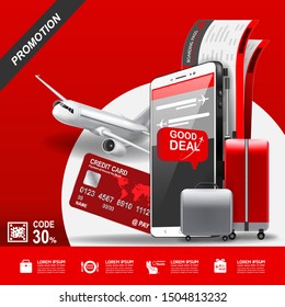 Freedom Travel Holidays Vector By using a mobile phone or website to book Air Ticket Online and Boarding Pass, Banner Promotion Background Concept