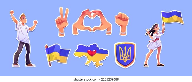 Freedom for Ukraine stickers, opposition symbols. Man and woman activists on demonstration, national flag, hand gestures heart and victory, map with heart and coat of arms badge, Cartoon vector set