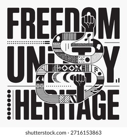 Freedom unity heritage typography design. Abstract patterns and symbols representing african american culture and history.