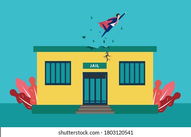 Freedom vector concept: businessman wearing superhero cloak while flying and breaking free from the jail
