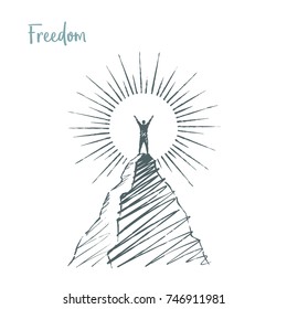 Freedom. Vector hand drawn sketch. A man stands on the top of a cliff, raising his hands, dawn.