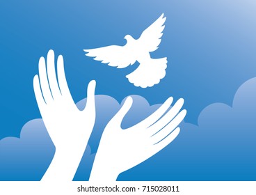Freedom vector illustration. Hands with dove. Dove in the sky