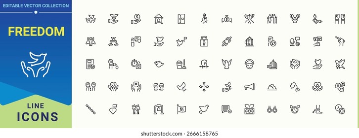Freedom vector line icon set. Featuring human rights, human, justice, equal, equality, rights, support and more. Rights icon collection. Outline icons pack. Editable stroke collections.