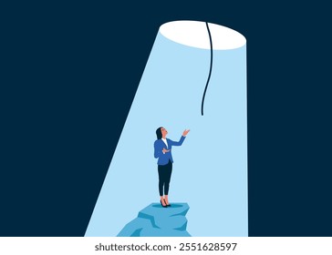 Freedom. Woman finding a way to get out of darkness, help from the sky. Modern vector illustration in flat style