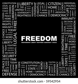 FREEDOM. Word collage on black background. Illustration with different association terms.