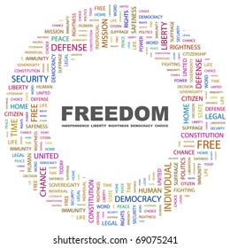 FREEDOM. Word collage on white background. Illustration with different association terms.