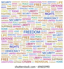 FREEDOM. Word collage on white background. Illustration with different association terms.