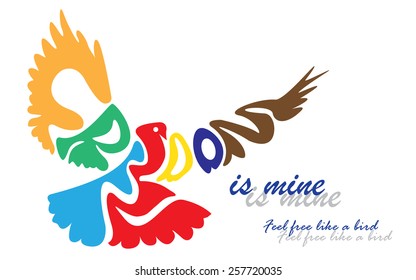 Freedom word like a bird shape on the white background