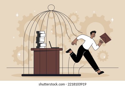 Freedom work concept. Man with briefcase runs out of cage from workplace. Finding balance and freelancing. Poster or banner for website. Mental health and psychology. Cartoon flat vector illustration