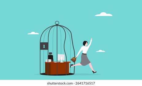 freedom to work, get out of the binding and time-consuming work, freelancer or work from home, woman employee comes out of the cage with a work desk