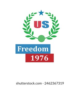 Freedom.1976.4th of july.Us.green leaves .star.red and Blue element .tractor design .badge.in white background .