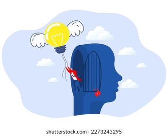 freedome your creativity idea mind concept,Businessman flying light bulb idea break free from human head bird cage.