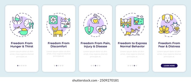 Freedoms of animal welfare onboarding mobile app screen. Walkthrough 5 steps editable graphic instructions with linear concepts. UI, UX, GUI template