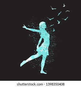 Freedon concept. Watercolor dancing silhouette of girl with birds. 
