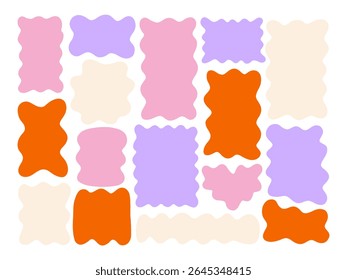 Freeform Abstract Blob and Wavy Block. A playful collection of 16 abstract elements with wavy blocks and blob forms in pastel and bold colors. Perfect for posters stickers and branding