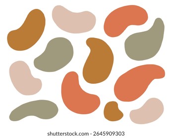 Elemento Blob Em Forma De Bean De Forma Livre. Uma coleção calmante de doze bolhas em forma de feijão abstrato em tons de terra com curvas orgânicas e bordas suaves. Perfeito para colagens modernas padrões de marca