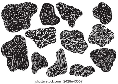 Manchas de textura negra de forma libre con textura de planta, linóculo, sello, tinta. Conjunto de vectores