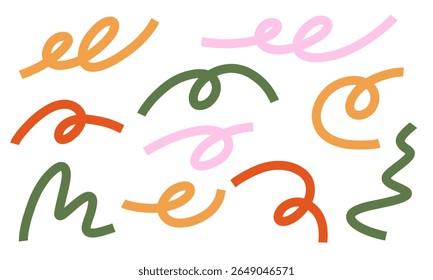 Forme libre Colorée Looped Stroke Pack. Un ensemble dynamique de 10 traits abstraits colorés avec des musiques en boucle, des arches, des zigzags et des tourbillons dans des formes libres ludiques pour des compositions créatives modernes