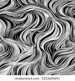Freeform curves intersect with structured lines. Seamless vector pattern. Black texture.