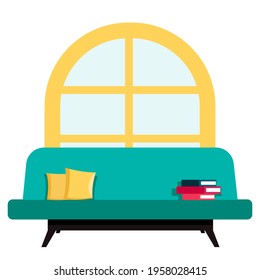 free-form interior template against the background of a picture and sofa with books and pillows. Work form home concept